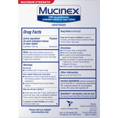 Back label of Mucinex maximum strength chest expectorant with official drug facts and dosage instructions.