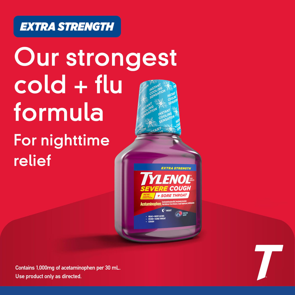 Tylenol adult nighttime cold cough and flu liquid showing wild berry flavor packaging