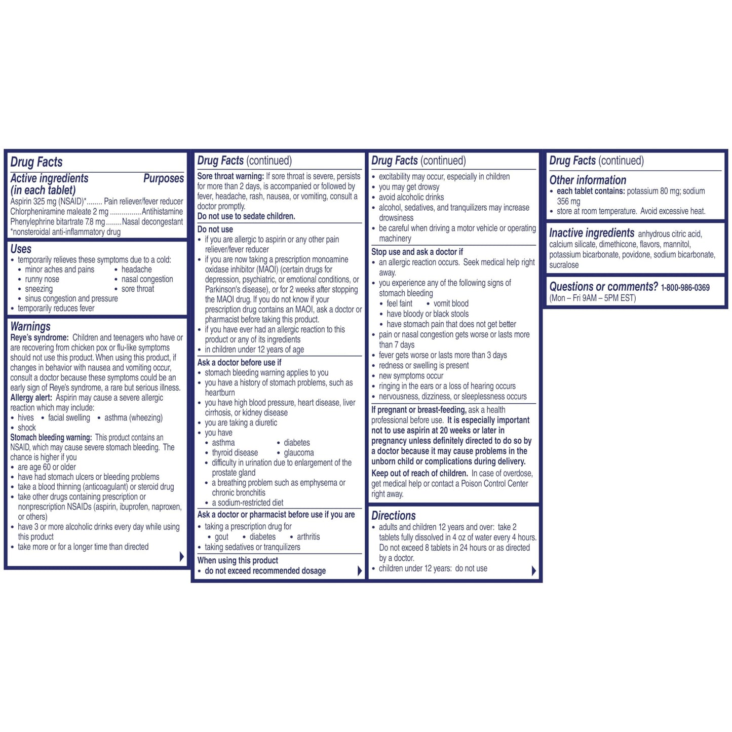 Alka-Seltzer Plus medicine package detailing runny nose and dry cough relief active formulation.