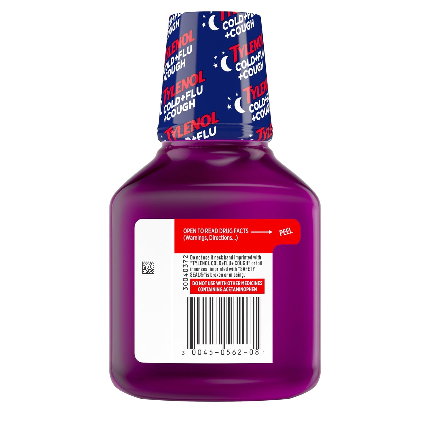 Tylenol 8 fluid ounce nighttime multi symptom cold reliever bottle back view