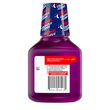 Tylenol 8 fluid ounce nighttime multi symptom cold reliever bottle back view