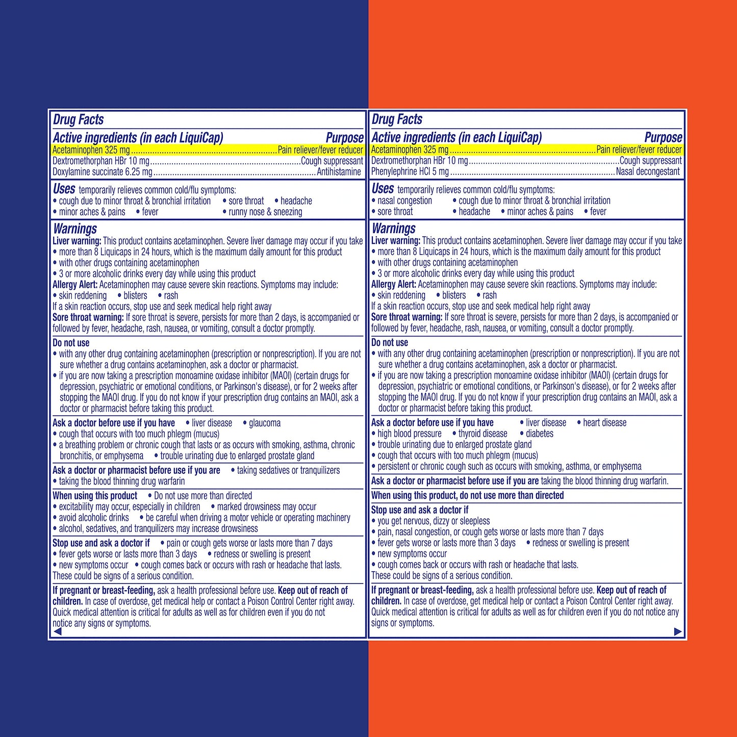Vicks multi symptom cold and flu relief capsules in orange daytime and blue nighttime variants.