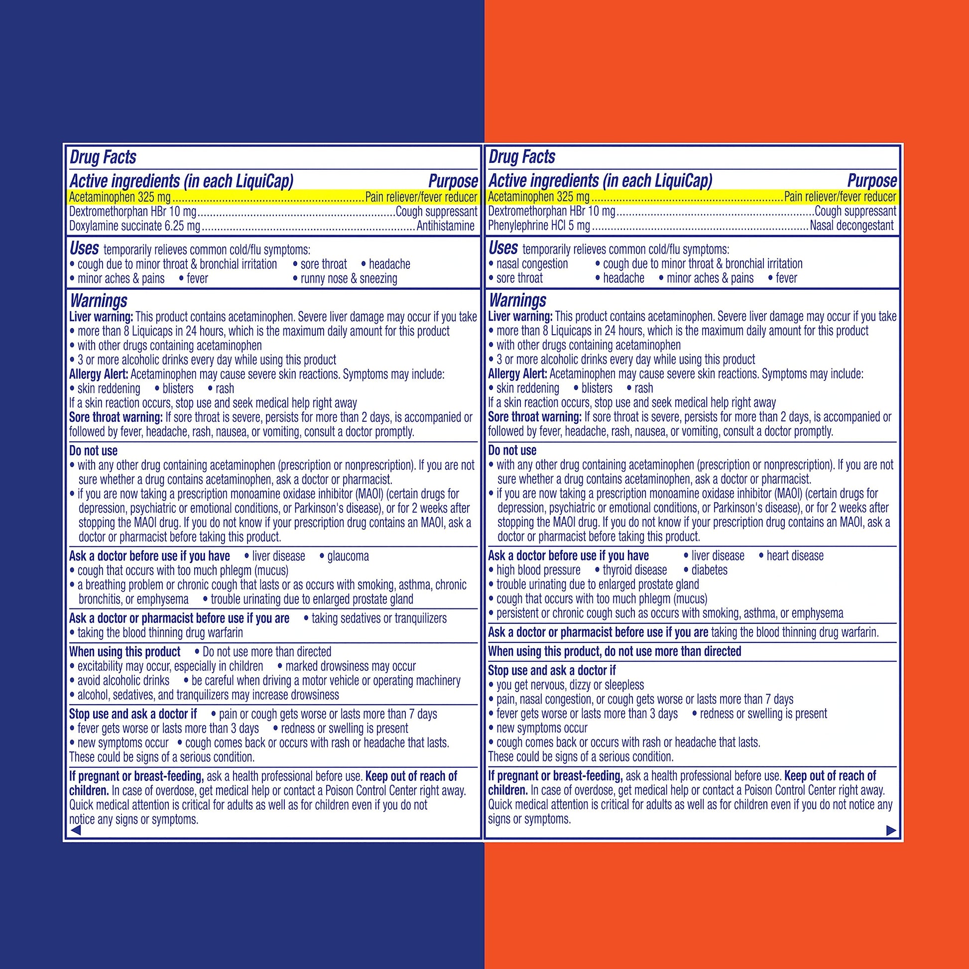 Vicks multi symptom cold and flu relief capsules in orange daytime and blue nighttime variants.