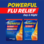 Close up of Theraflu max strength daytime formula ingredients list and dosage instructions.