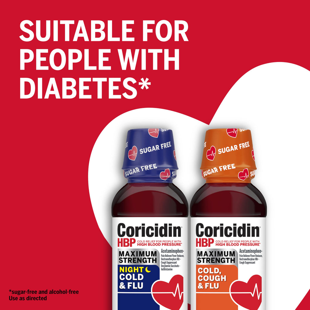 Coricidin HBP decongestant free sugar free cherry flavor daytime cold medicine bottle