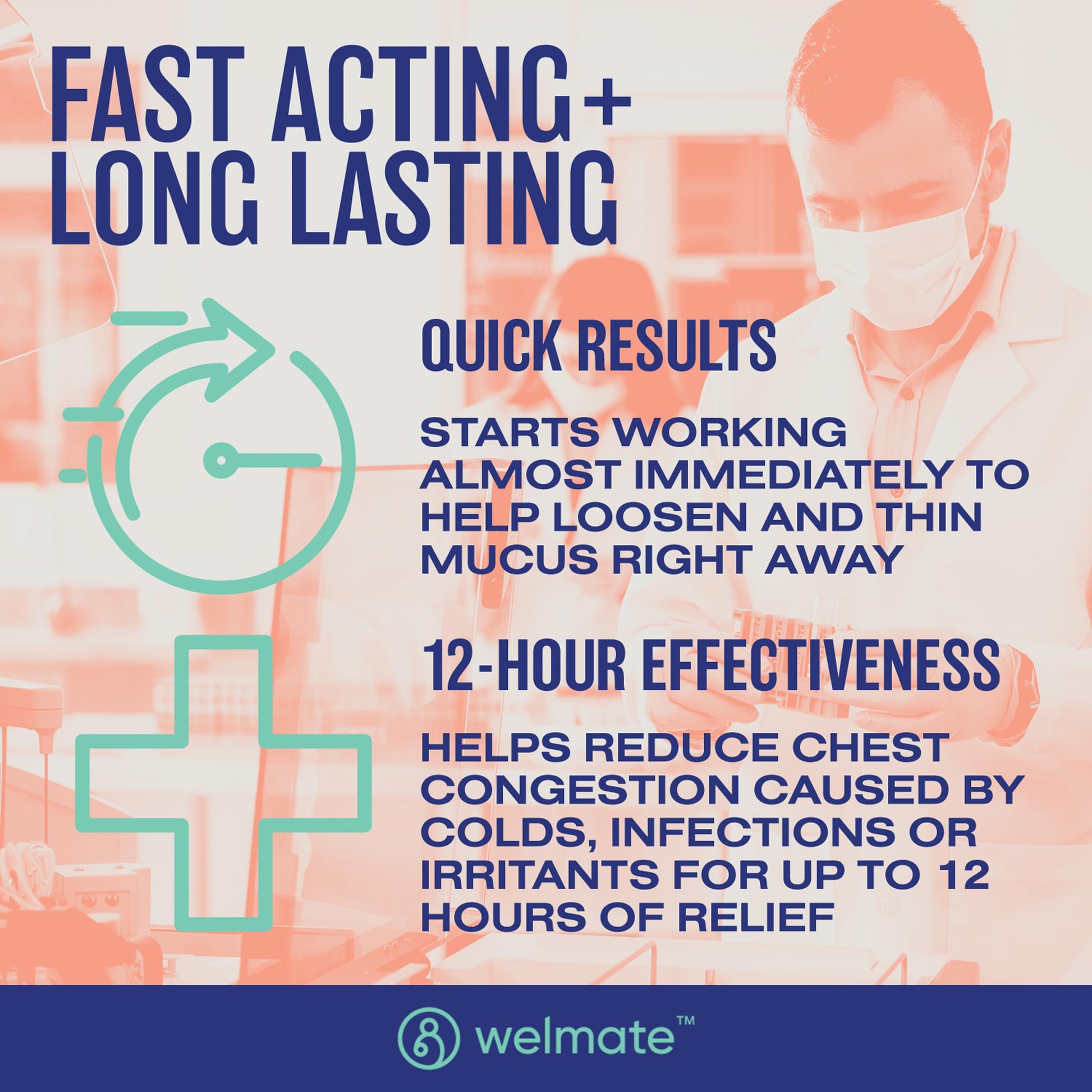 WELMATE 12 hour chest congestion expectorant tablets side view detailing active ingredient facts.