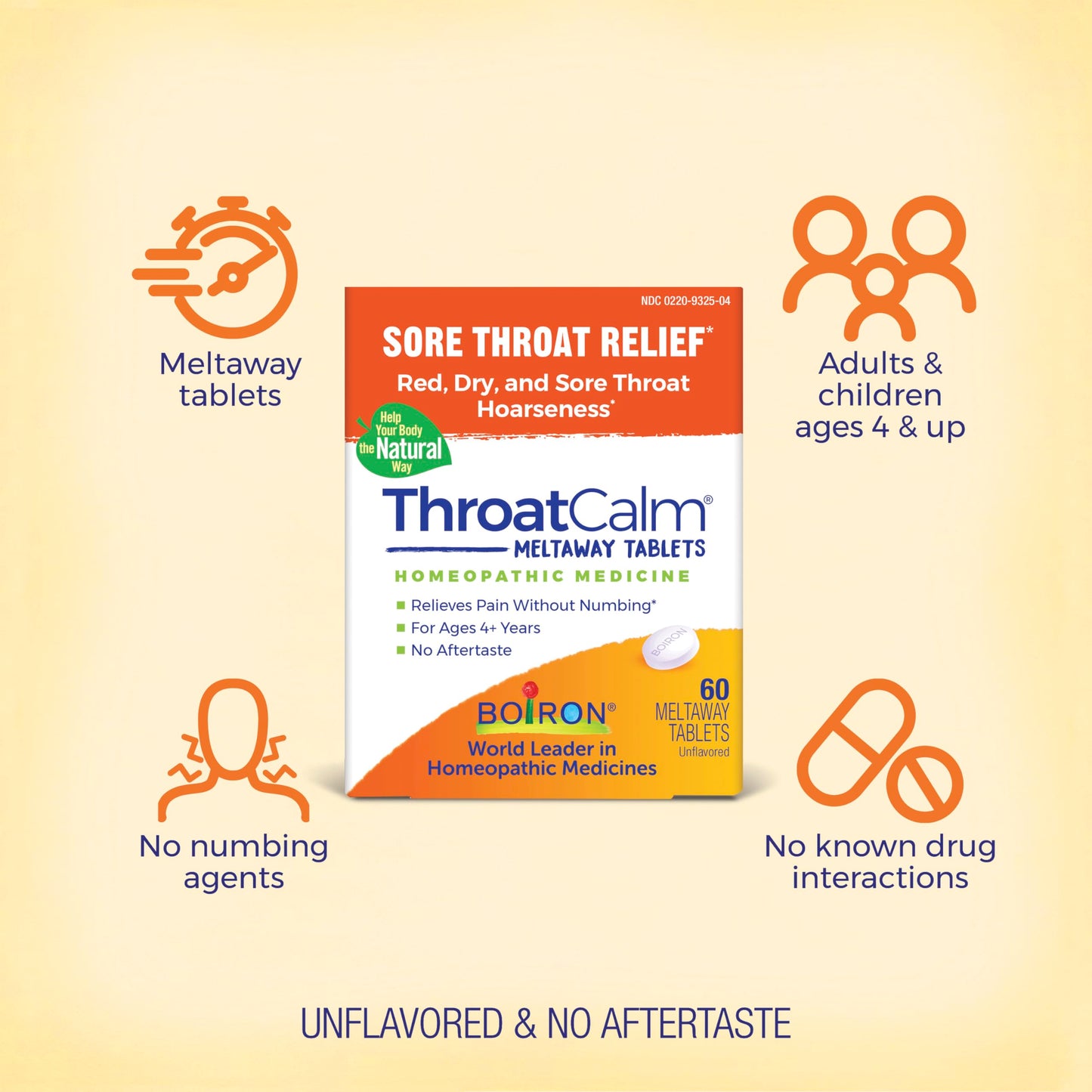 Boiron ThroatCalm unflavored quick dissolving tablets for hoarseness and vocal support