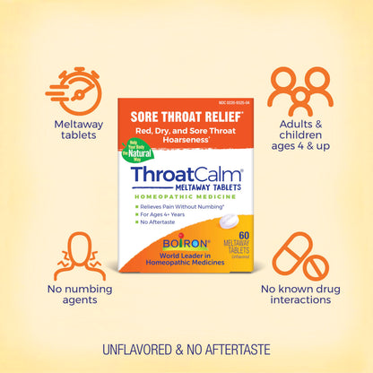 Boiron ThroatCalm unflavored quick dissolving tablets for hoarseness and vocal support