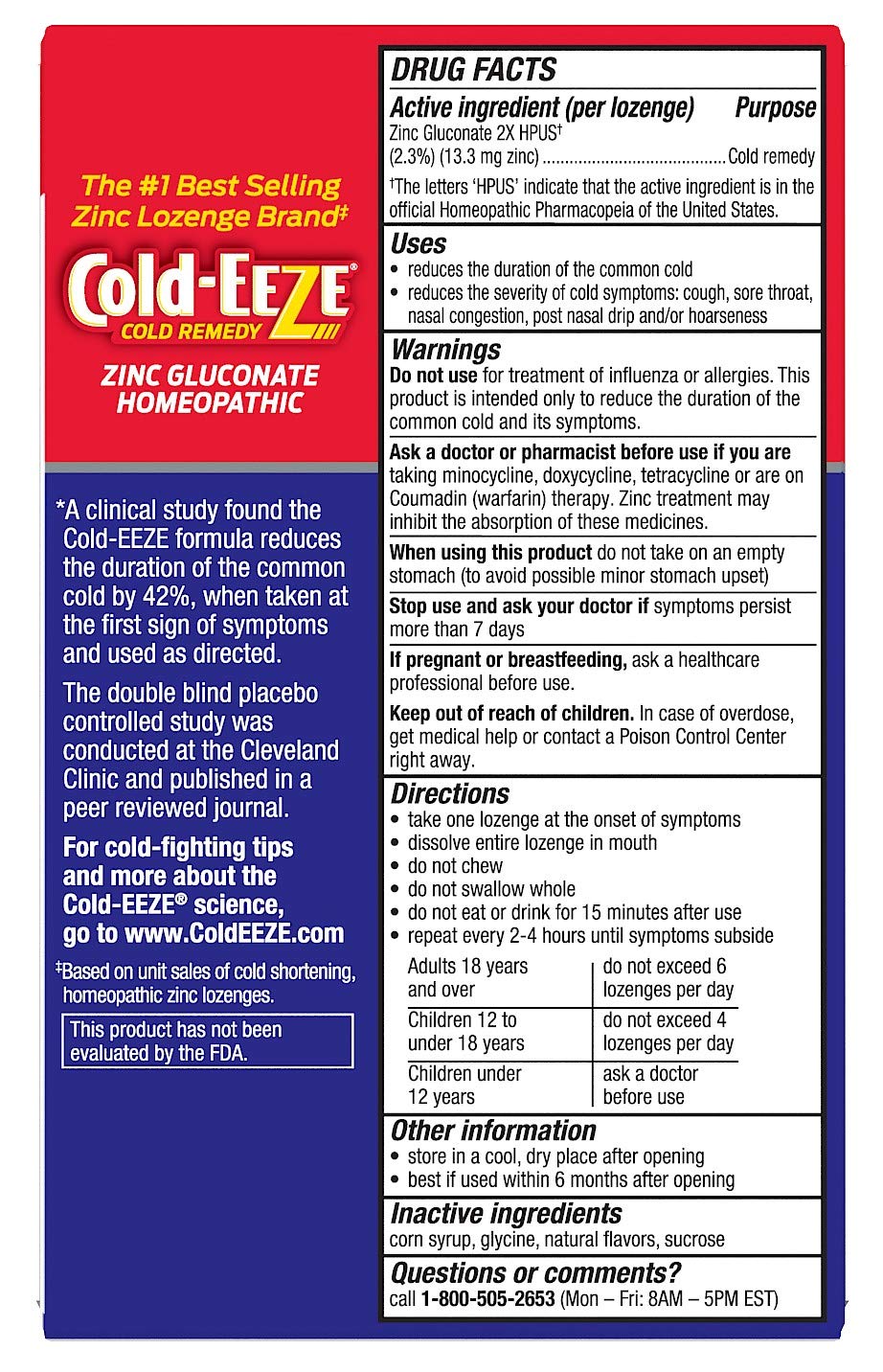 Cold-EEZE zinc lozenges side panel displaying dosage instructions and age warnings
