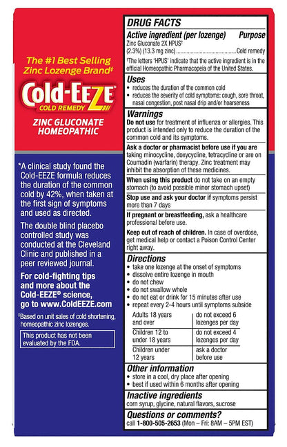 Cold-EEZE zinc lozenges side panel displaying dosage instructions and age warnings