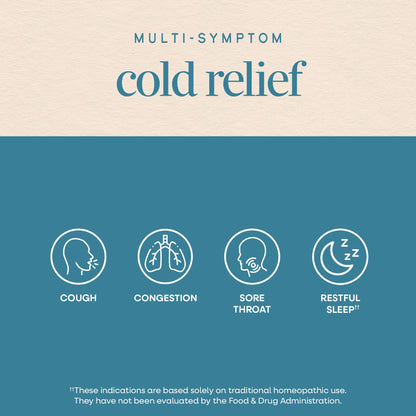 Homeopathic cold relief lemon flavor single serve packets for multi symptom upper respiratory relief.