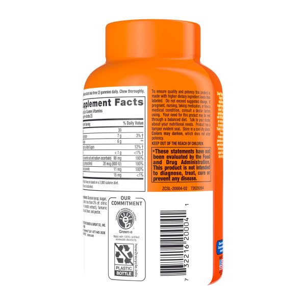 Back label of Zicam immune gummies displaying complete supplement facts, ingredients, and daily values