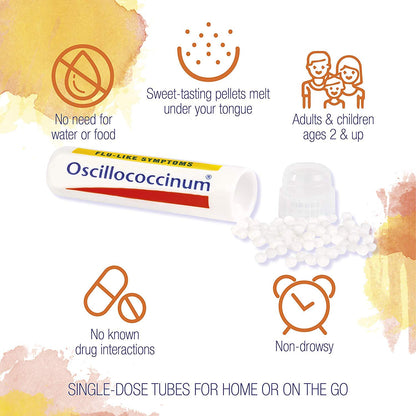 Side angle of Boiron Oscillococcinum packaging highlighting the active homeopathic ingredients list.