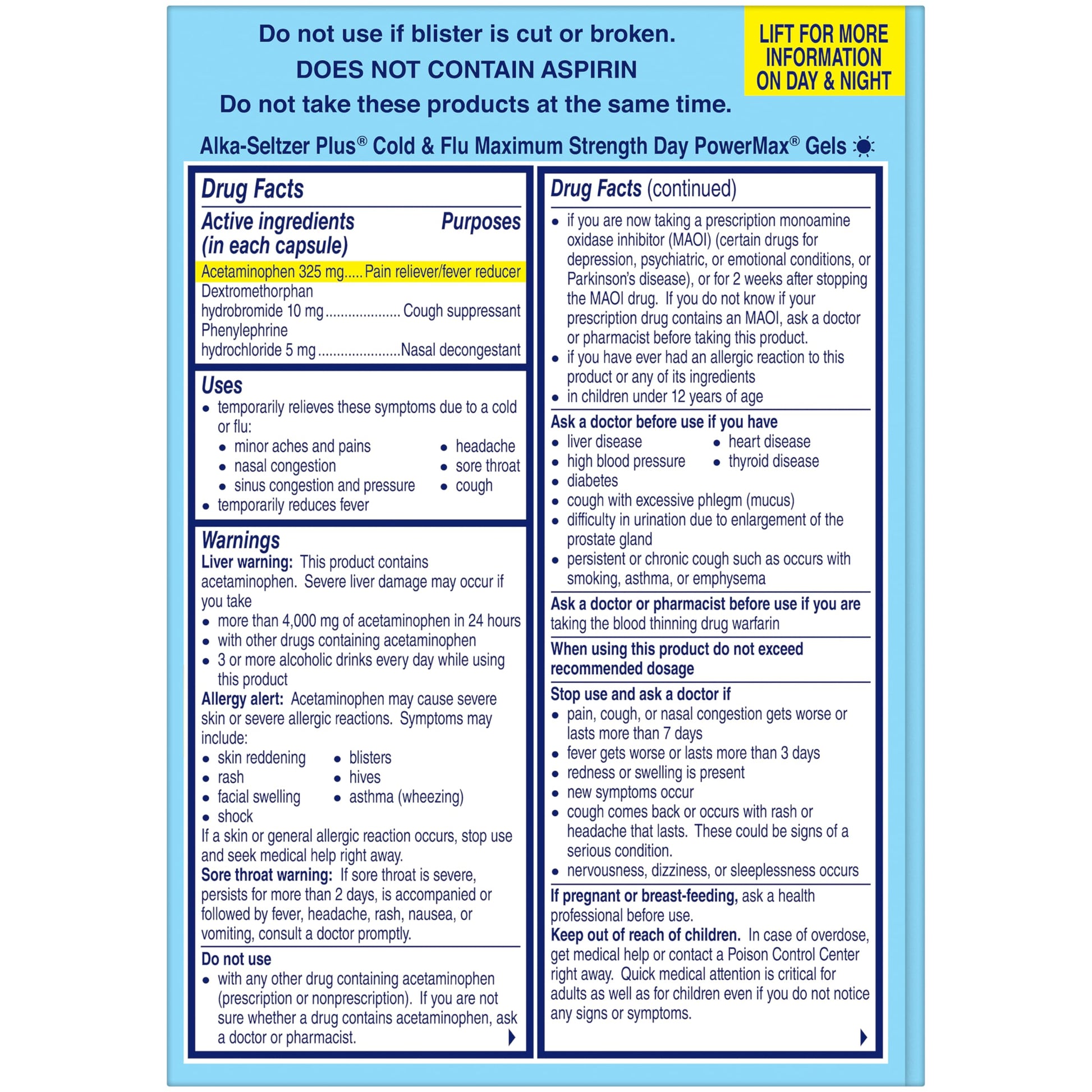 Alka-Seltzer Plus imported cold and flu medicine warning and dosage instructions