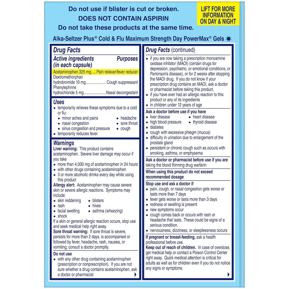 Alka-Seltzer Plus imported cold and flu medicine warning and dosage instructions