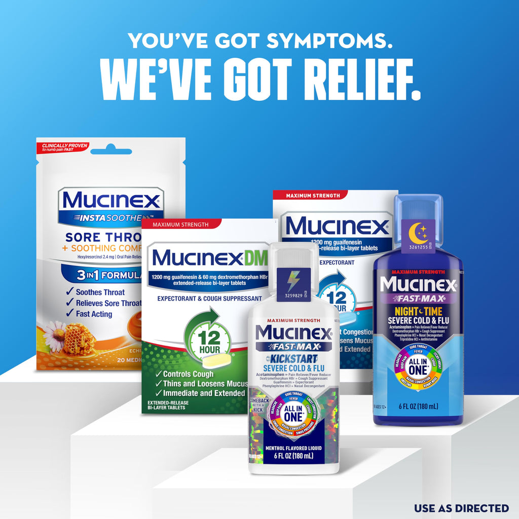 Close up of Mucinex 600 milligram bi-layer technology expectorant tablet design