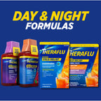 Theraflu packet instructions graphic displaying how to dissolve hot liquid powder in eight ounces of water