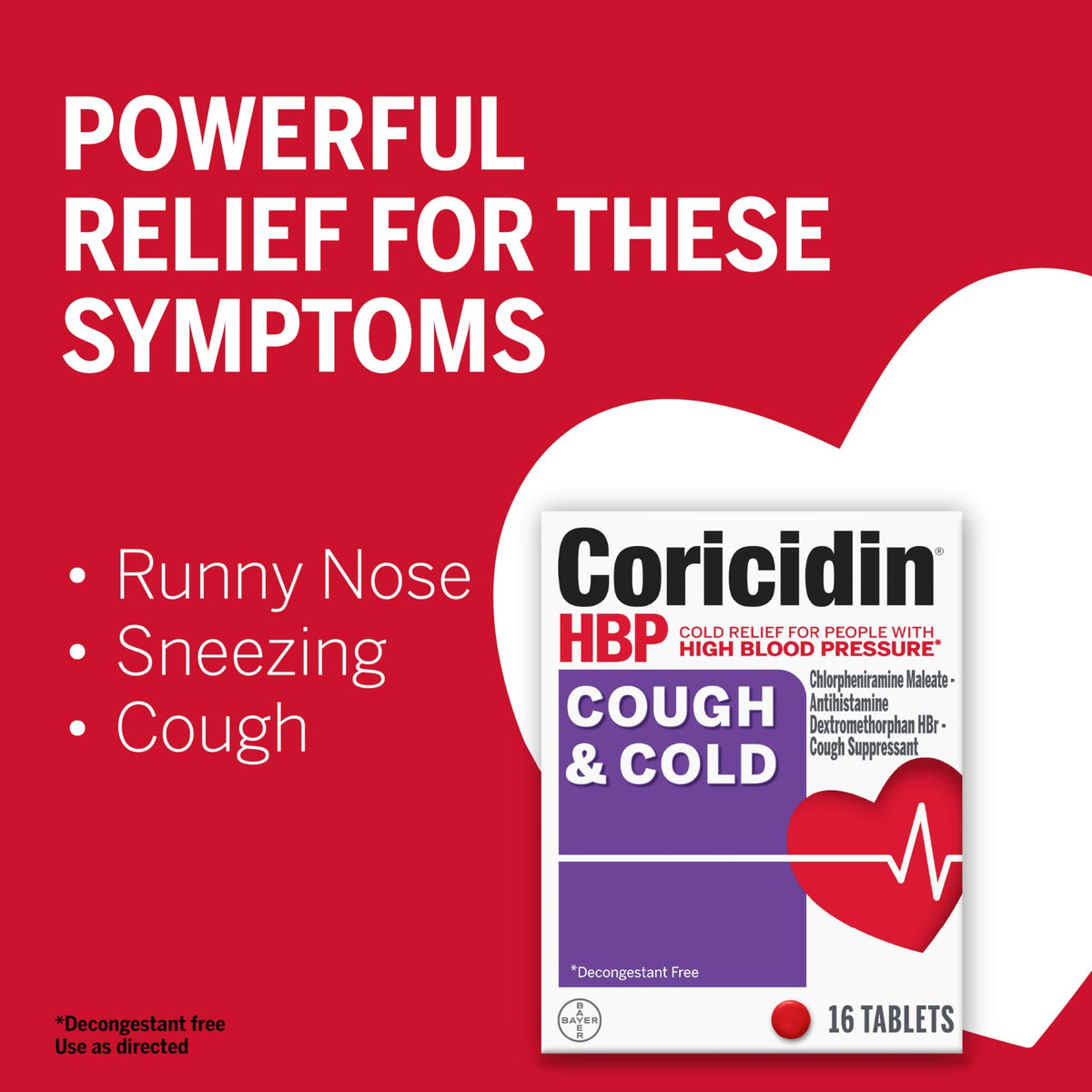 Coricidin HBP high blood pressure safe cold tablets active ingredients and dosage label details