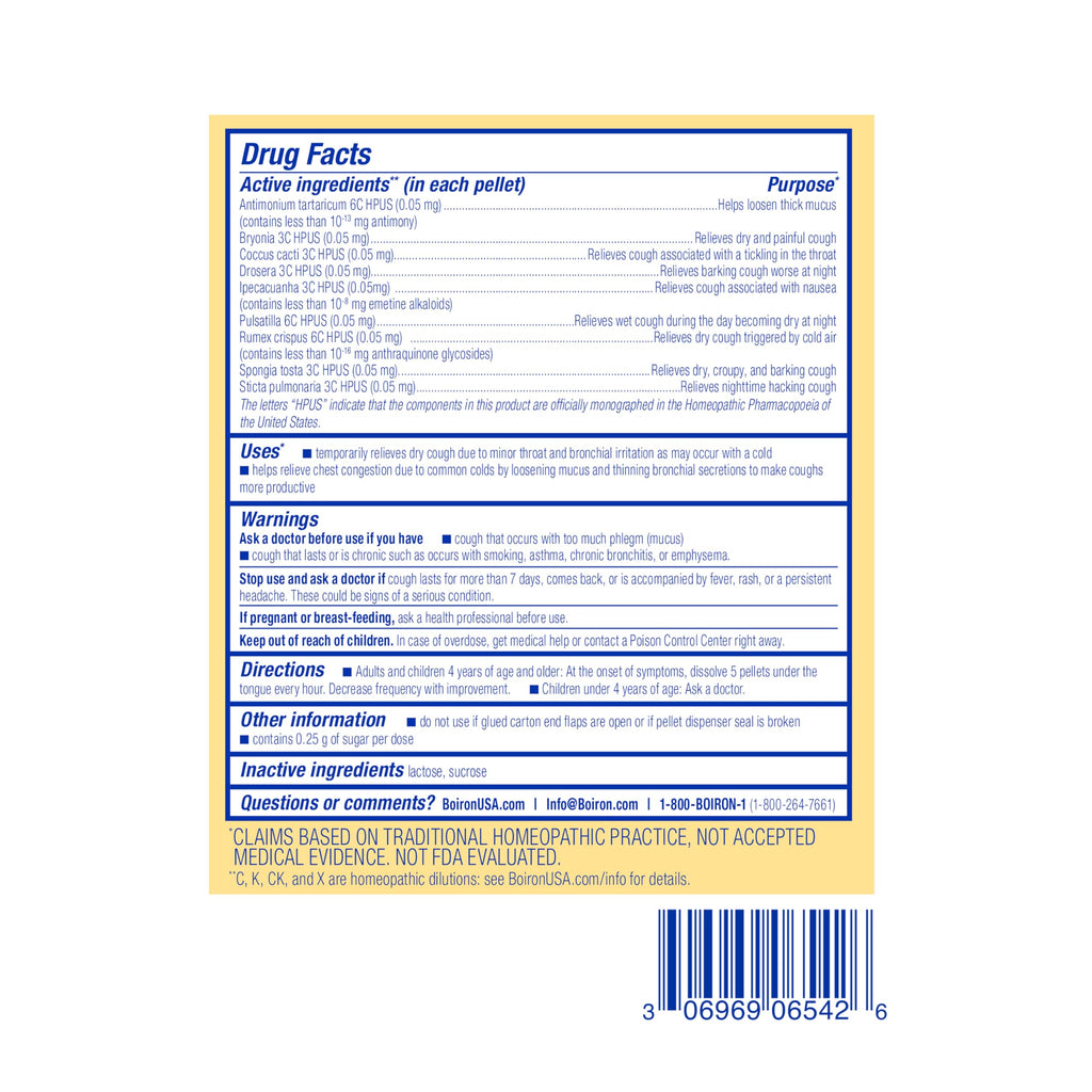 Boiron Chestal cold remedy packaging detailing multi-symptom cough relief benefits