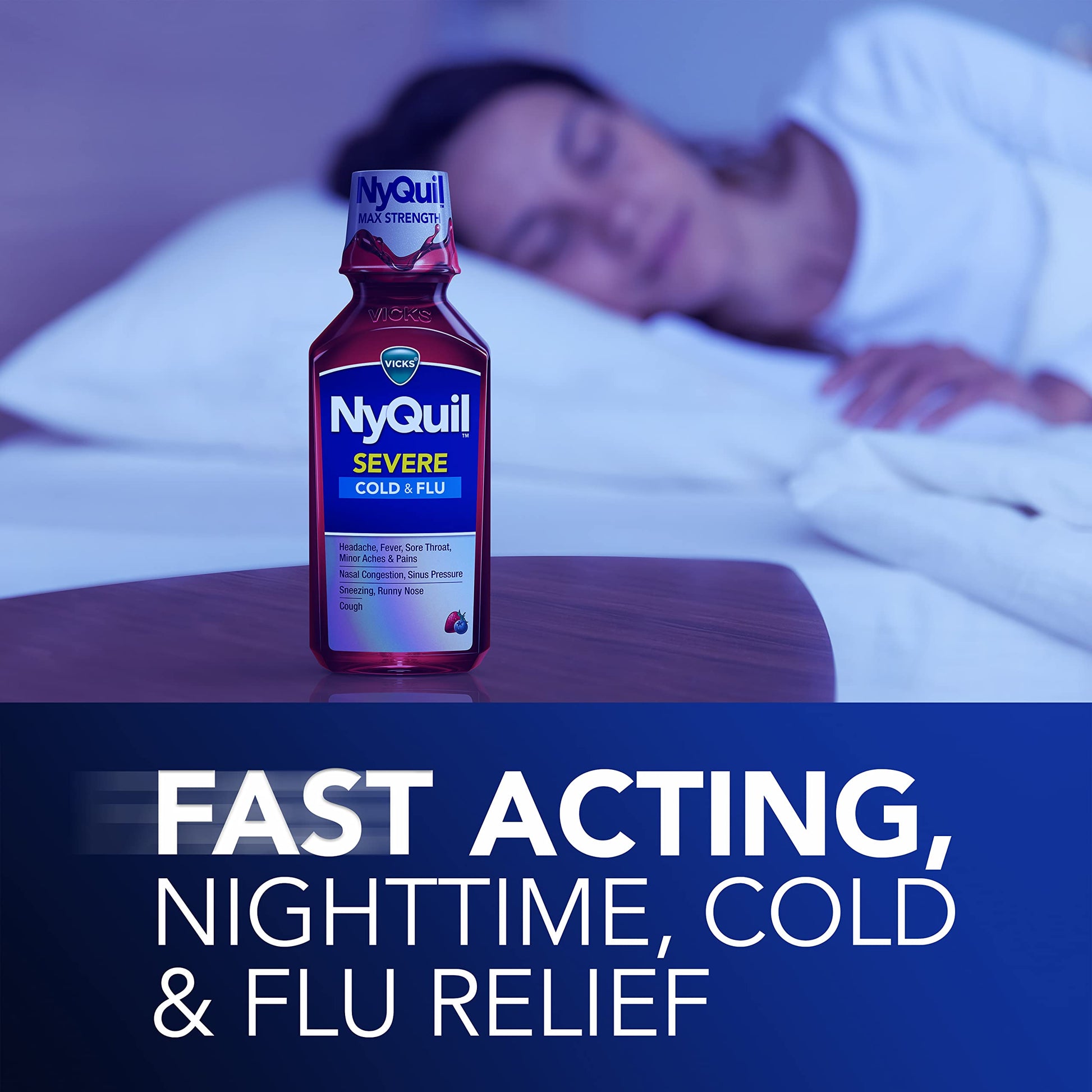 Vicks NyQuil severe 2 pack twelve fluid ounce bottles showing active ingredient specifications
