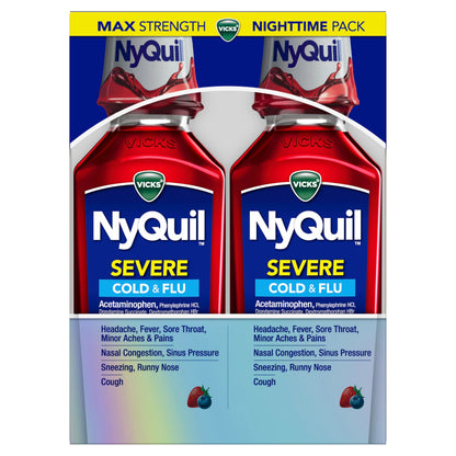 Close up of Vicks NyQuil severe cold and flu liquid dual pack bottle cap and seal