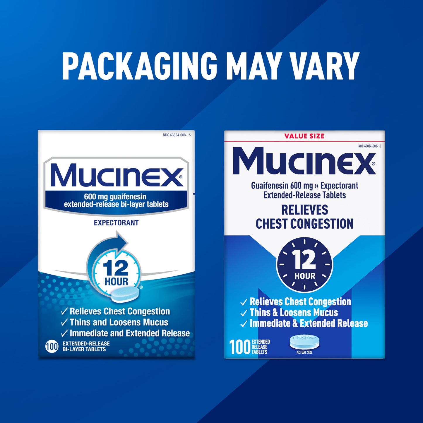 Mucinex mucus relief formula clear product display emphasizing twelve hour efficacy