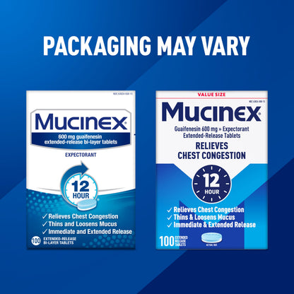 Mucinex mucus relief formula clear product display emphasizing twelve hour efficacy