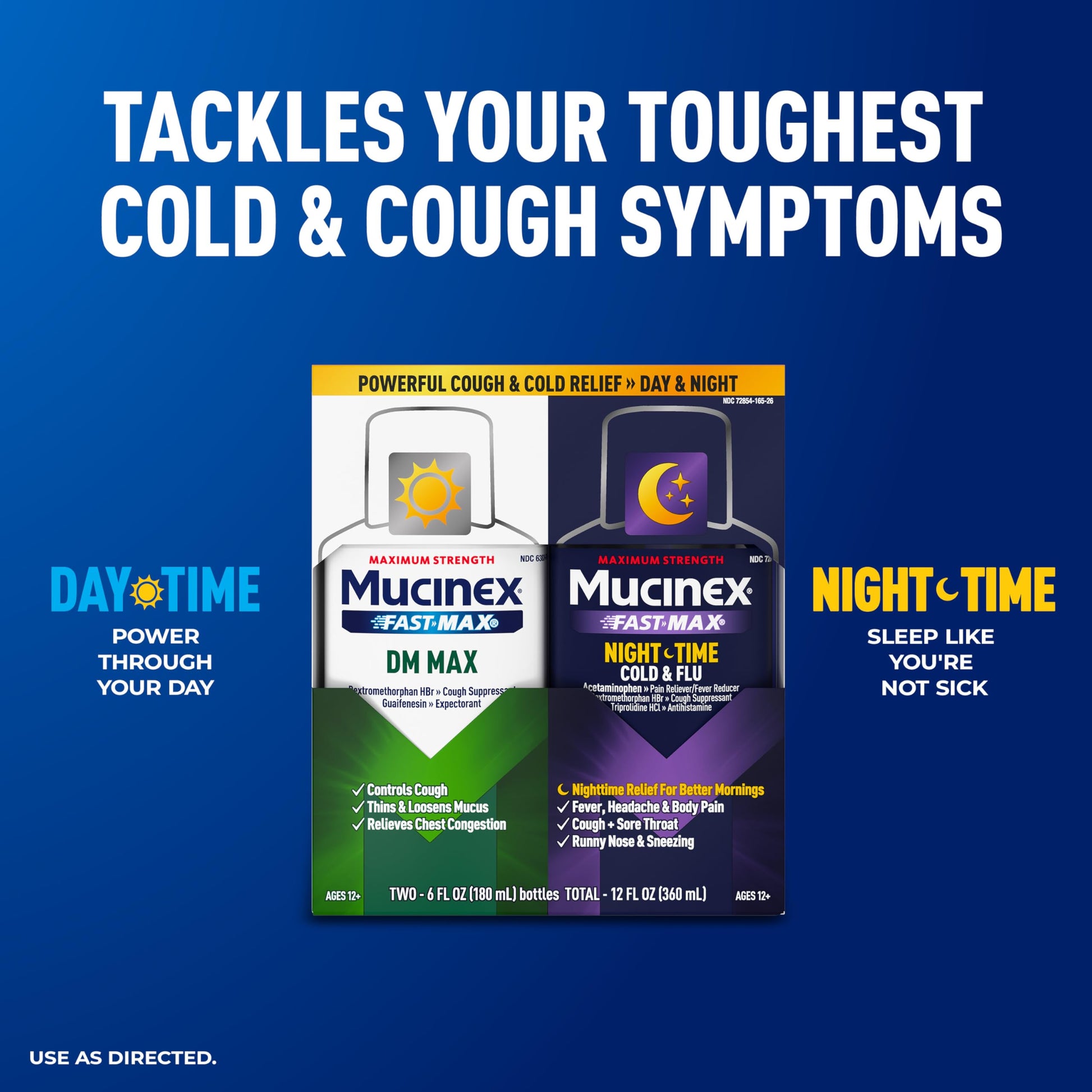 Maximum Strength Mucinex day and night cold medicine liquid bottles side by side.