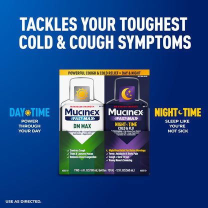 Maximum Strength Mucinex day and night cold medicine liquid bottles side by side.