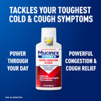 Maximum strength Mucinex liquid cough suppressant and expectorant packaging showing active ingredients.