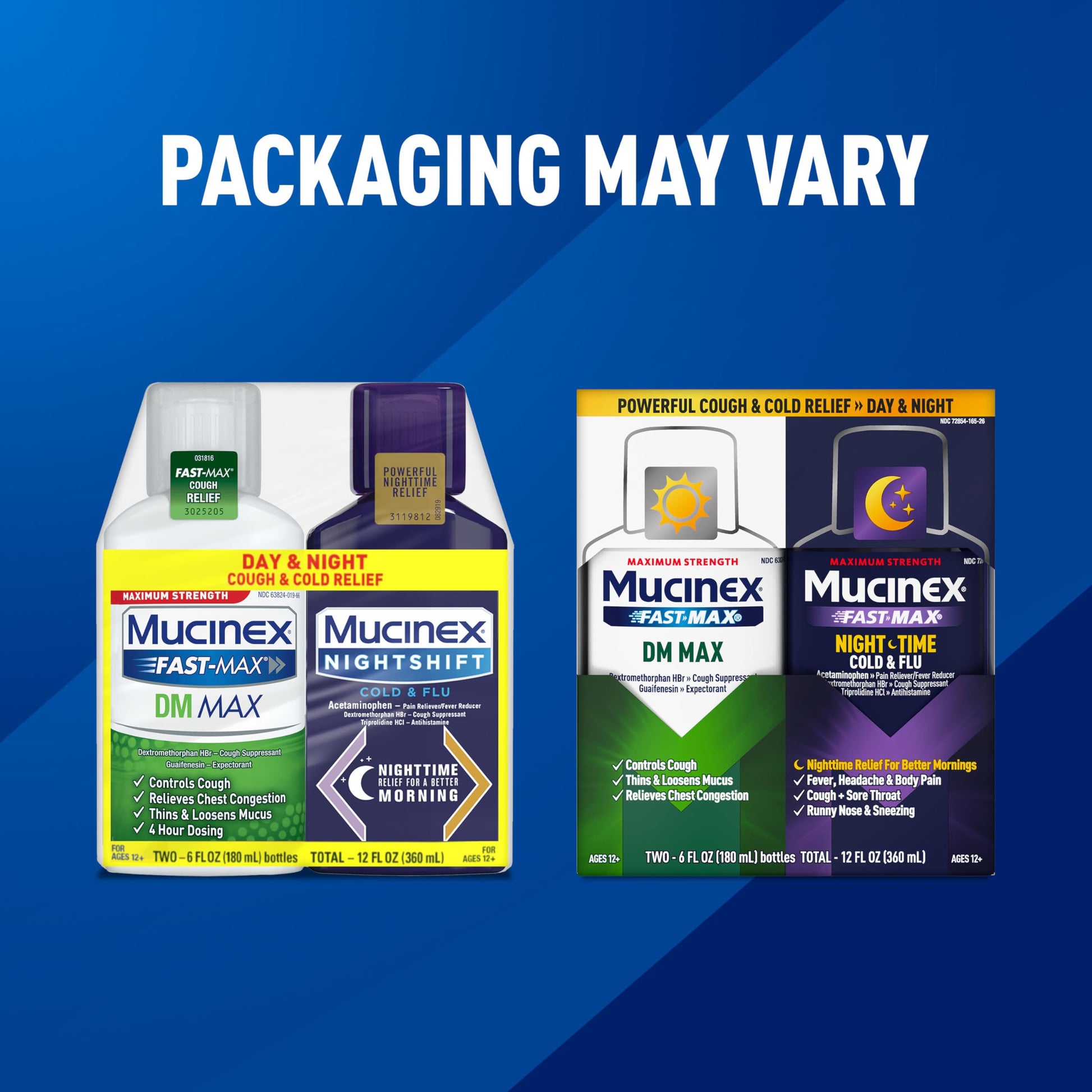 Two pack Mucinex Maximum Strength day and night liquid bottles with measuring cups.