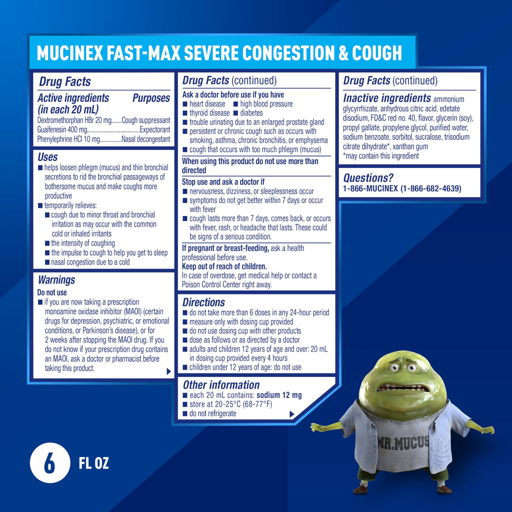 Back label of Mucinex Fast-Max liquid medicine showing dosage instructions and drug facts.