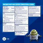 Back label of Mucinex Fast-Max liquid medicine showing dosage instructions and drug facts.