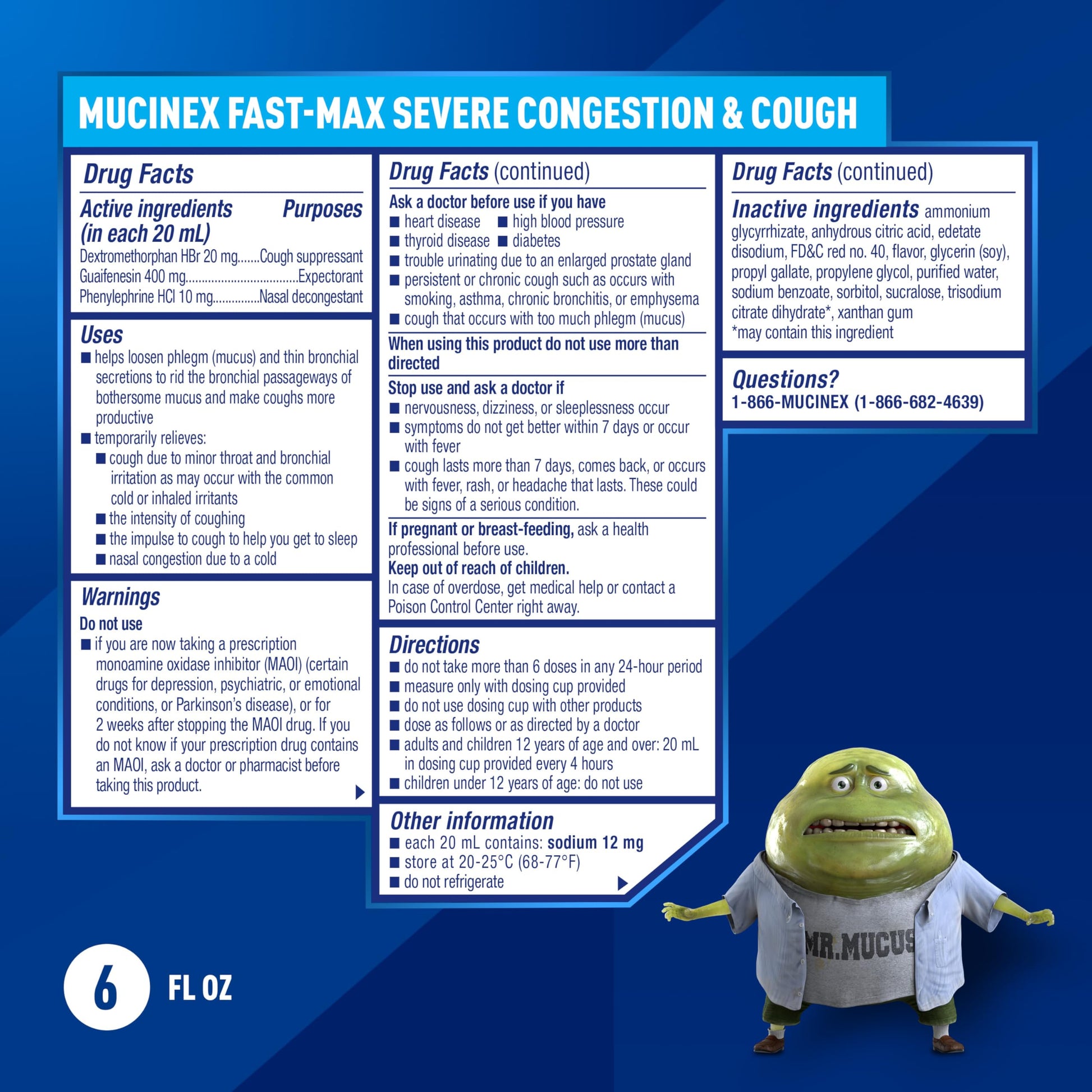 Back label of Mucinex Fast-Max liquid medicine showing dosage instructions and drug facts.