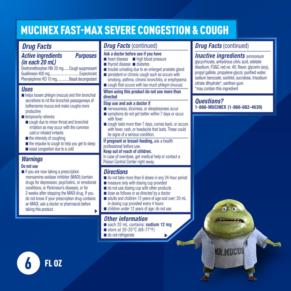 Back label of Mucinex Fast-Max liquid medicine showing dosage instructions and drug facts.