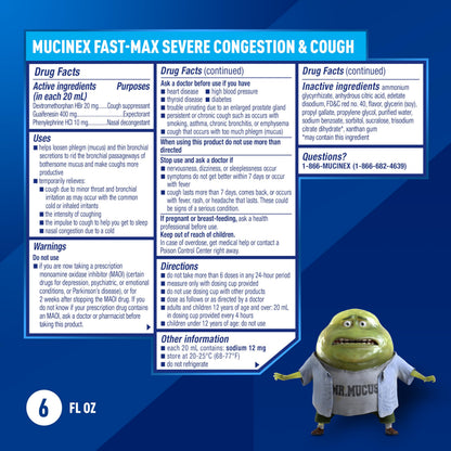 Back label of Mucinex Fast-Max liquid medicine showing dosage instructions and drug facts.