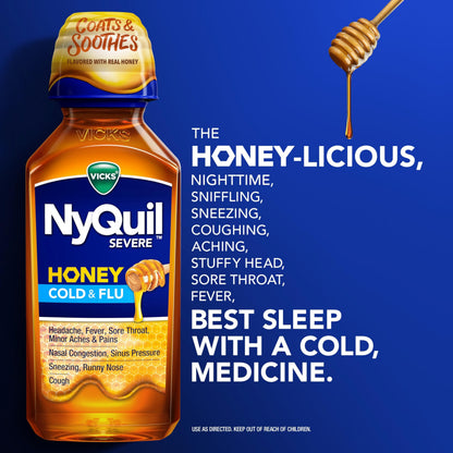 Back label of Vicks Severe Honey liquid combo showing drug facts and ingredients