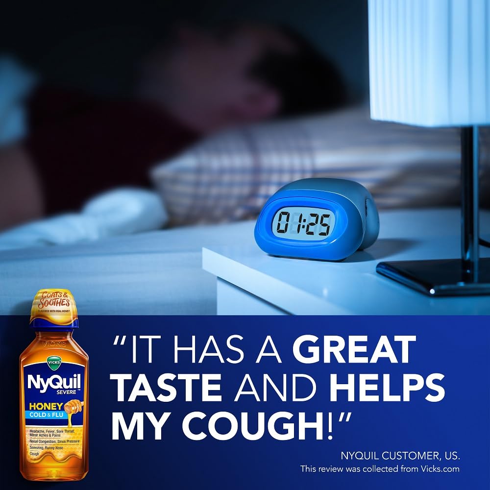 Vicks NyQuil Severe nighttime honey liquid medicine bottle details and usage directions