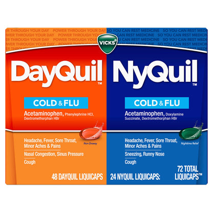 Back label view of Vicks DayQuil and NyQuil co pack showing dosage information