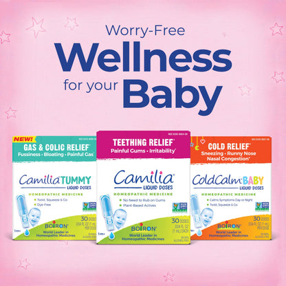 Pre measured Boiron ColdCalm Baby liquid drops for easy mess free congestion relief