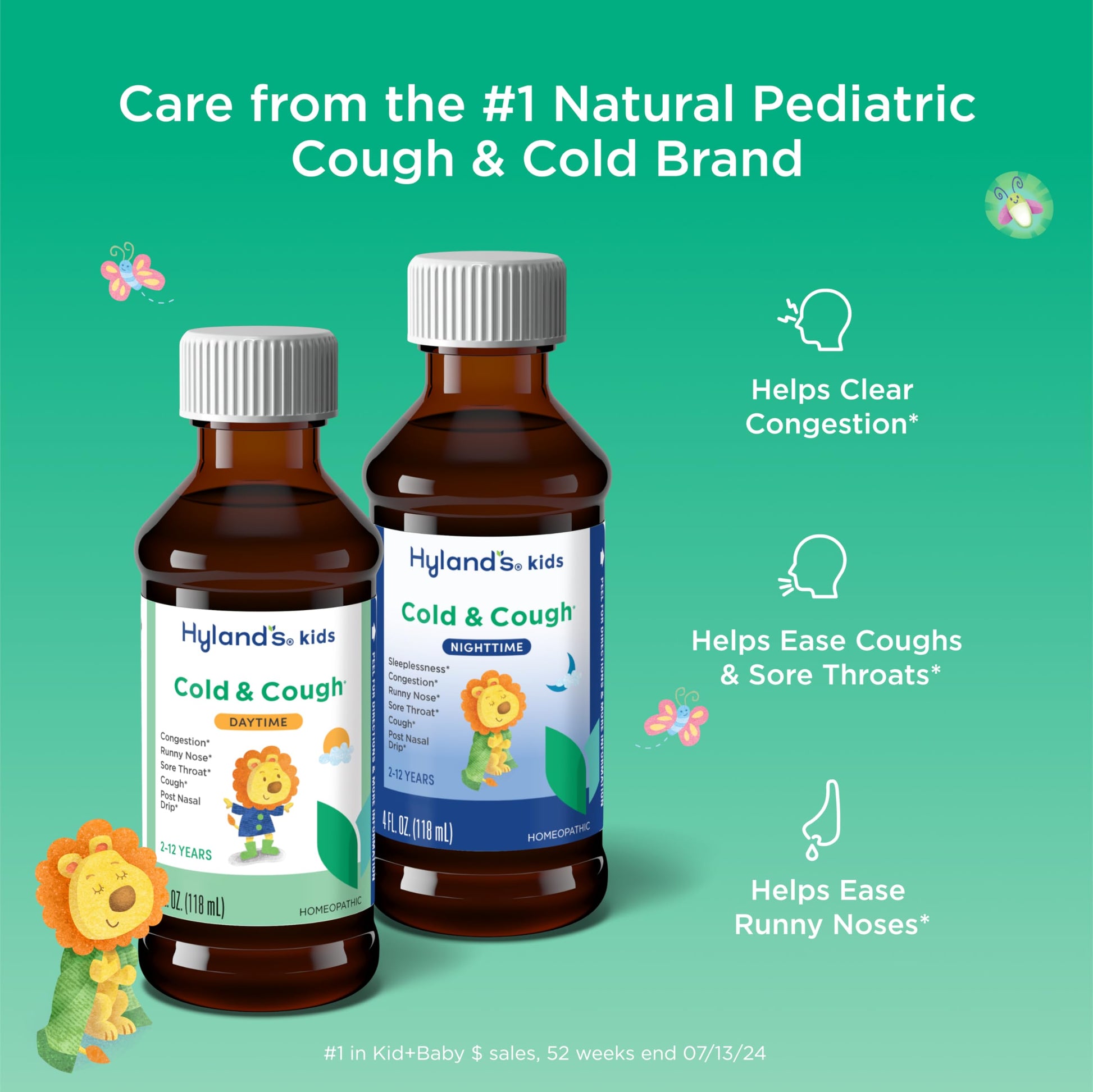 Hyland's Kids homeopathic cough syrup package back label detailing active ingredients for nasal congestion and sore throat relief.