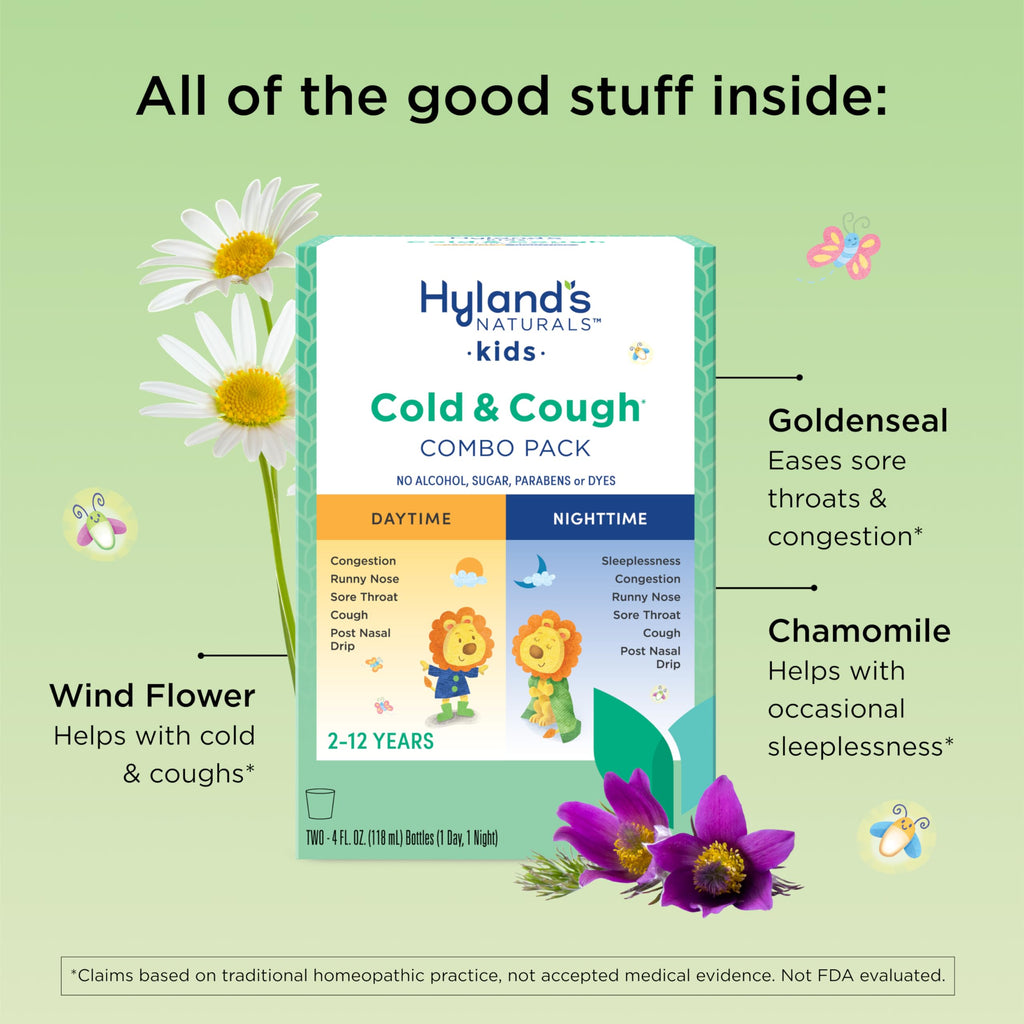 Side view of Hyland's children's cold medicine pack highlighting the dye-free and sugar-free formula benefits.