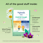 Side view of Hyland's children's cold medicine pack highlighting the dye-free and sugar-free formula benefits.