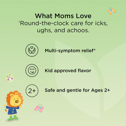 Close-up of the soothing nighttime formula bottle from the Hyland's Kids cough syrup combo pack.