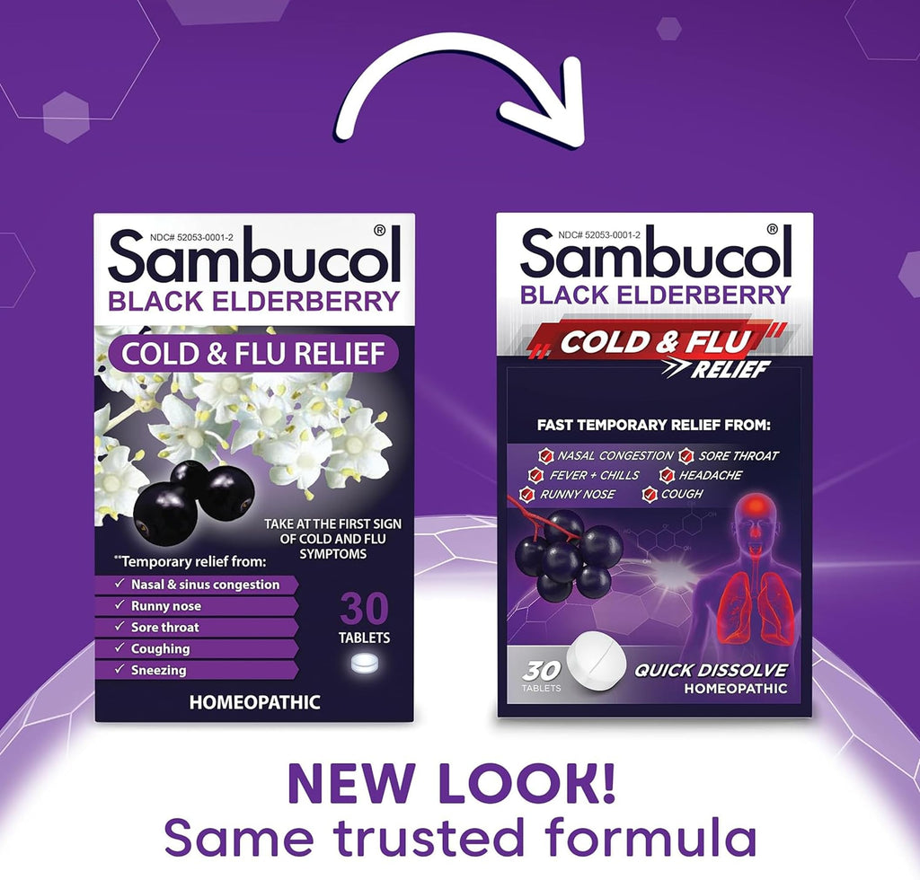 Sambucol quick dissolve homeopathic tablets side panel showing drug facts and active ingredients.