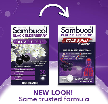 Sambucol quick dissolve homeopathic tablets side panel showing drug facts and active ingredients.