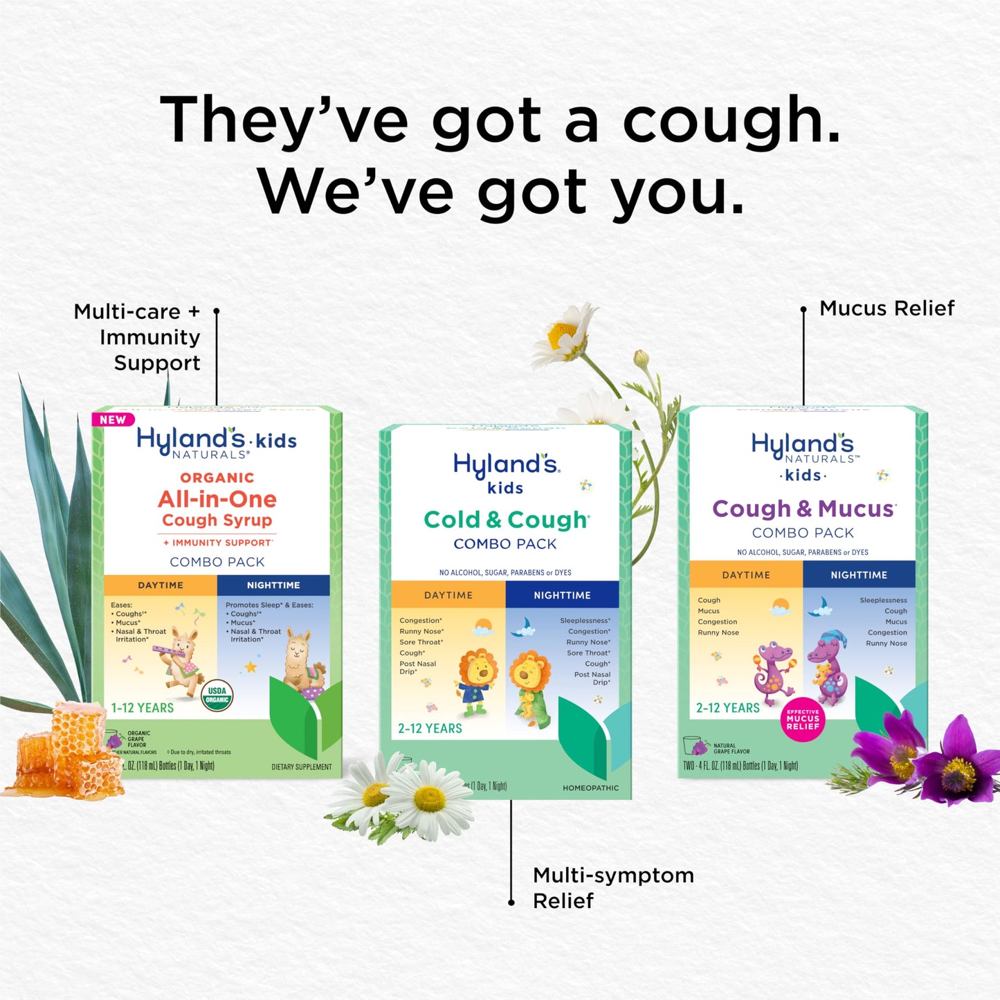 Hyland's Kids Cold and Cough Combo Pack complete box with enclosed measuring cups for precise pediatric dosage.