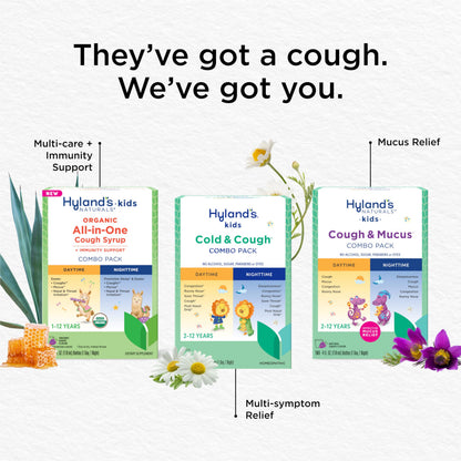 Hyland's Kids Cold and Cough Combo Pack complete box with enclosed measuring cups for precise pediatric dosage.