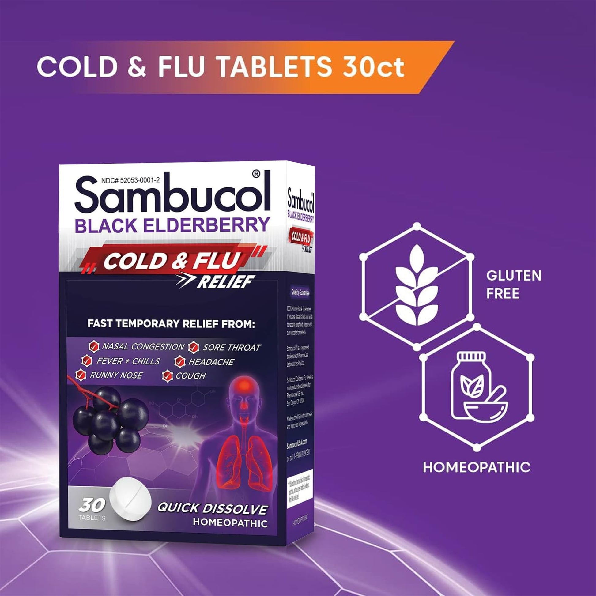 Authentic Sambucol imported cold remedy box displaying direction details for adults and children.