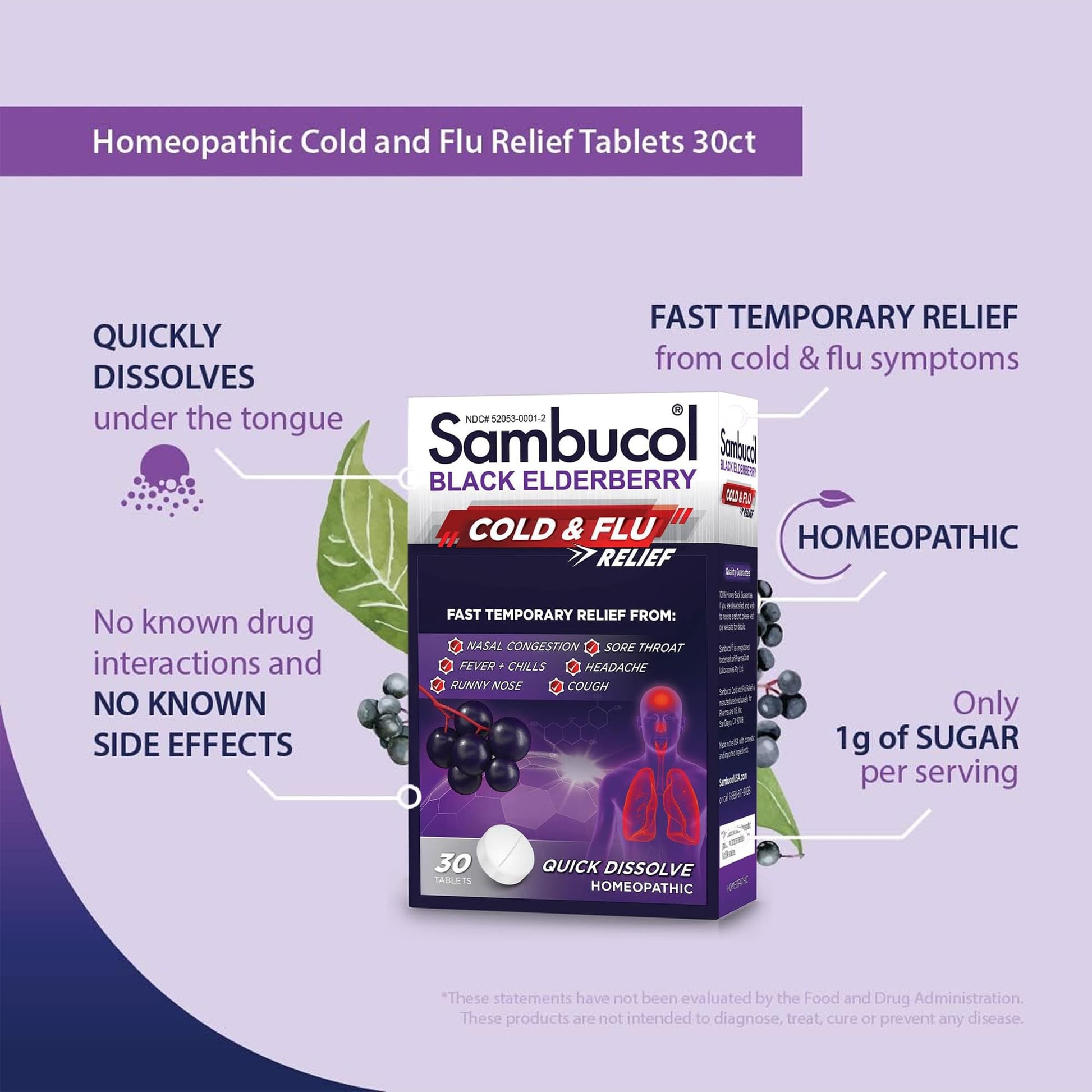 Sambucol elderberry 30 count homeopathic tablet box for nasal congestion and sore throat relief.